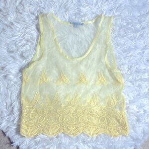 Charlotte Russe Mesh Embroidered Butterfly Pattern Butter Yellow Crop Tank Lacy